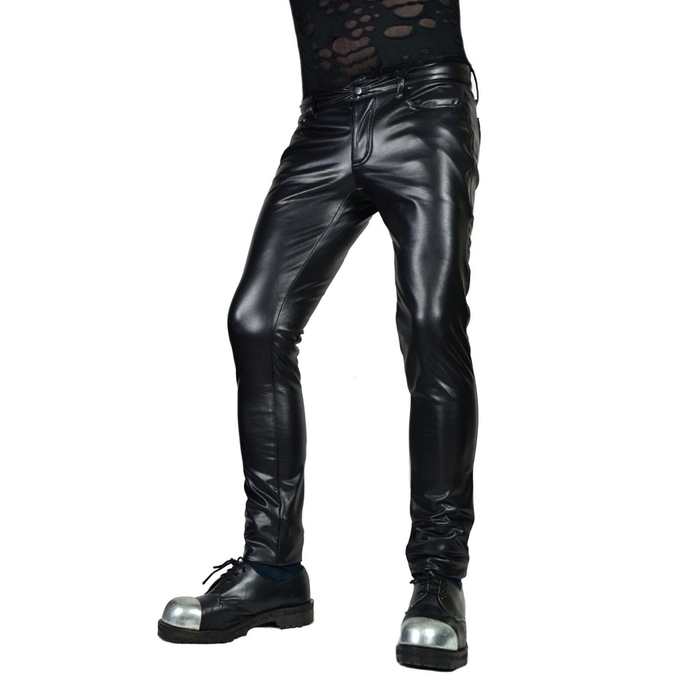 H&H 4 WAY STRETCH BLACK FAUX LEATHER BONE FIT FETISH ROCKER SKINNY PANTS sz 34‎